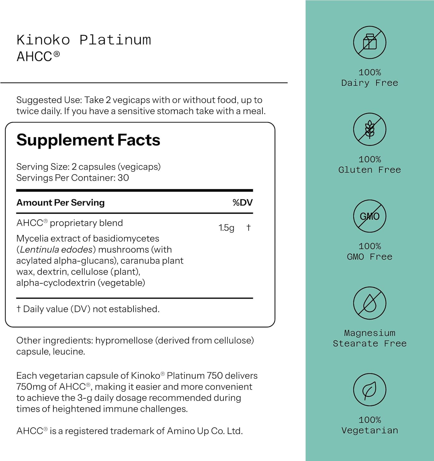 Kinoko Platinum AHCC® – Immune Support Supplement, 750mg, 60 Vegicaps