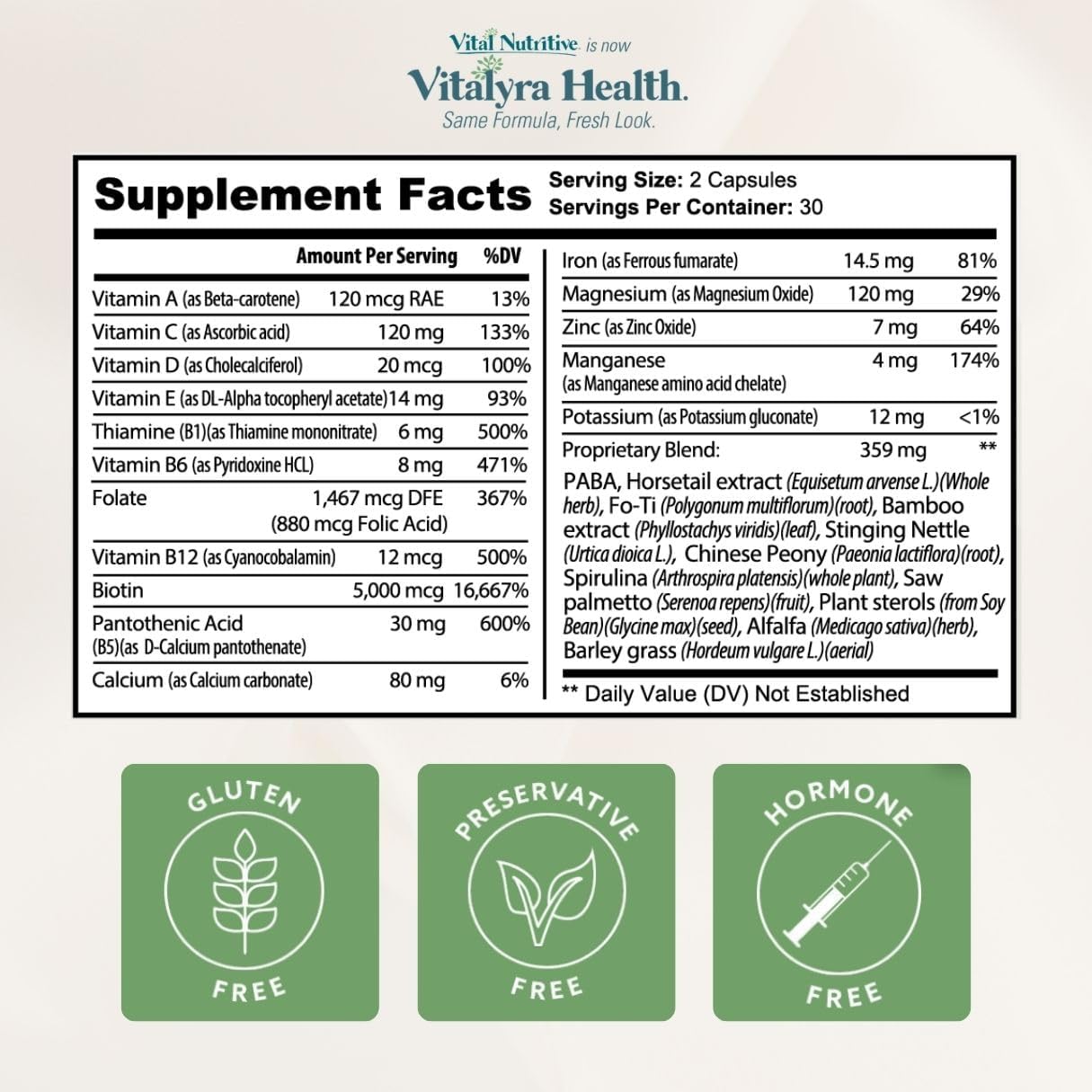 Vital Nutritive Vital Hair Complex – Hair Growth, Skin & Nails supplement (60 Capsules))