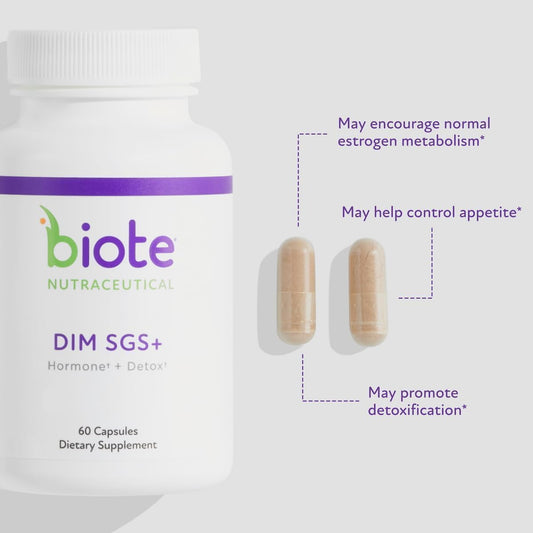 Biote Nutraceutical DIM SGS+ supplement bottle with capsules and text on a light gray background