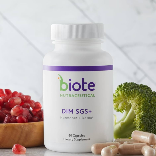 Biote Nutraceutical DIM SGS+ supplement bottle with pomegranates and broccoli on a white background