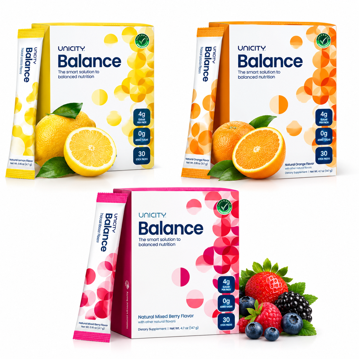 Unicity Balance Trio – Ultimate Flavor Bundle LEMON,ORANGE,MIXED BERRY (3 x 30 Stick Packs)