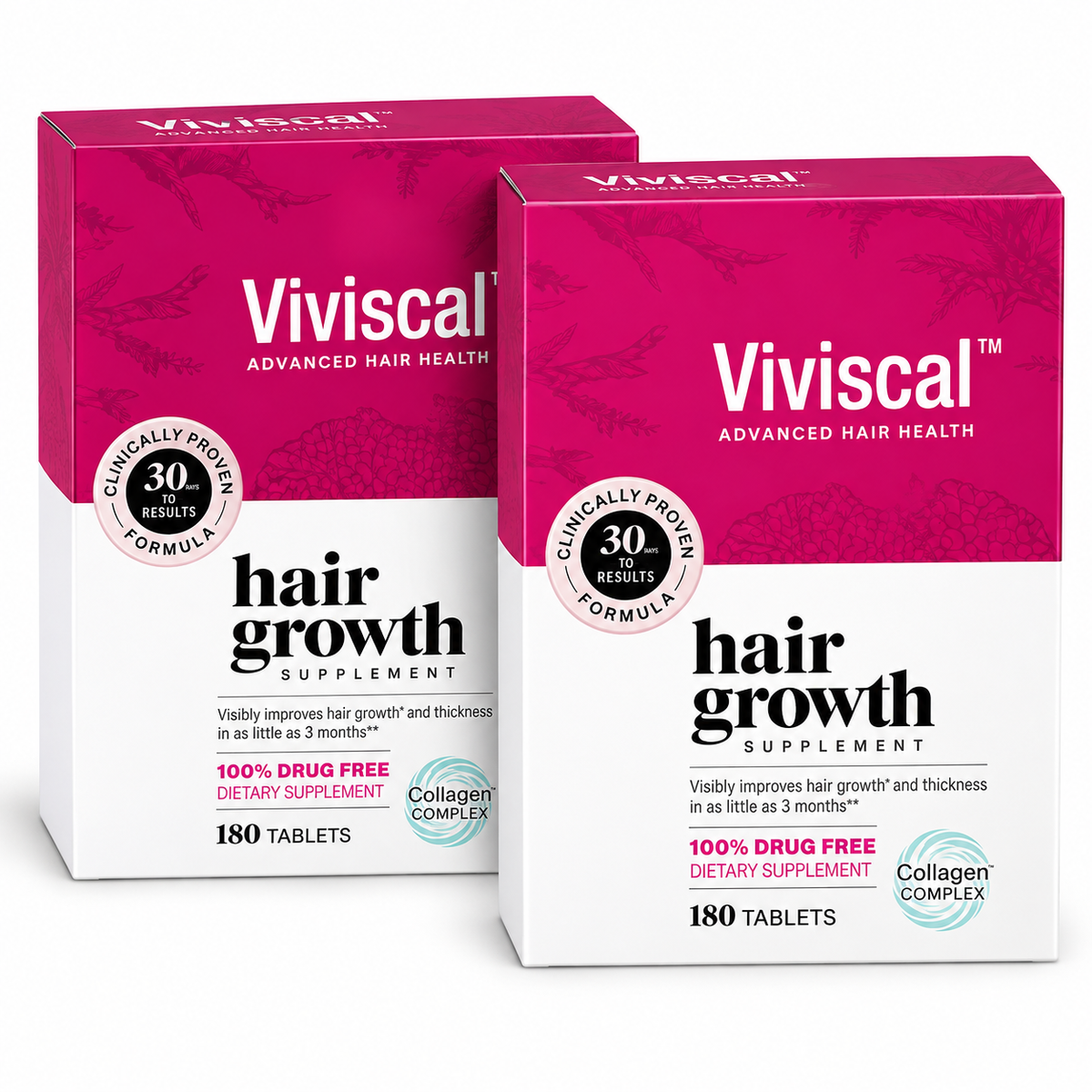 Two boxes of Viviscal Advanced Hair Health hair growth supplement, 180 tablets per box, with Collagen Complex