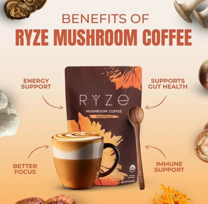 RYZE Mushroom Coffee | Organic Adaptogenic Coffee Blend for Focus, Energy & Immunity