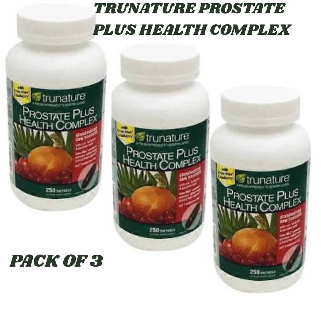Three bottles of trunature Prostate Plus Health Complex, 250 softgels each, standardized saw palmetto 320 mg, pack of 3