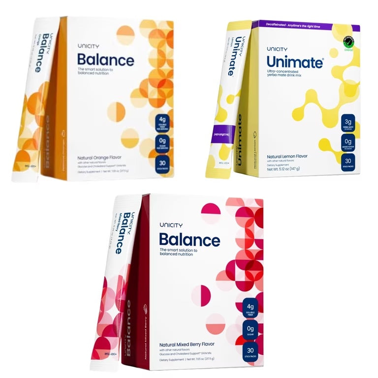 Unicity Balance Trio – Ultimate Flavor Bundle LEMON,ORANGE,MIXED BERRY (3 x 30 Stick Packs)